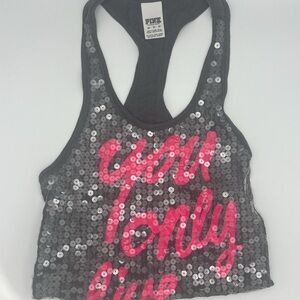 Pink Sequin Racerback Tank Top with Pink Lettering